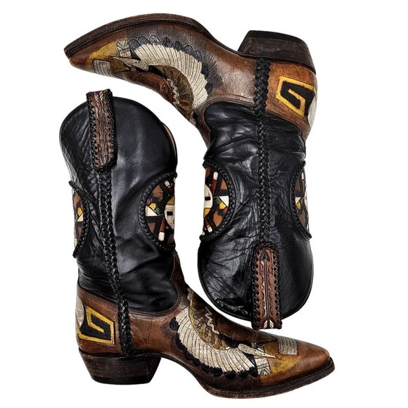 Custom 9D Hand Tooled/ Painted Native American Chief boots Vintage 1995 Western - Picture 8 of 16